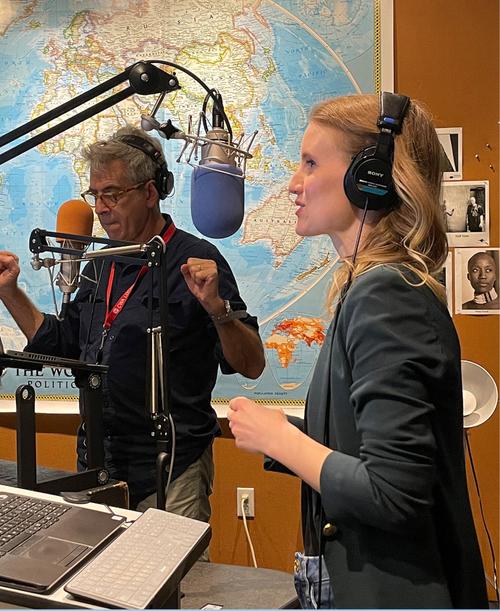 Carolyn Beeler and Marco Werman in an audio recording studio