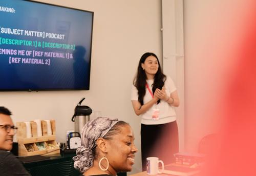 Stephanie Kuo leads a podcast training session