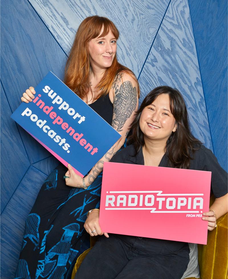 The hosts of Normal Gossip hold up a Radiotopia sign